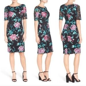 Eliza J black pink floral embroidered lace midi cocktail dress size 12